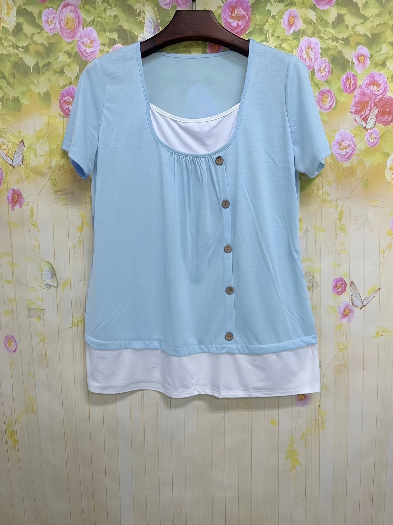 Camiseta de manga corta con bloques de color para mujer talla plus con cuello redondo