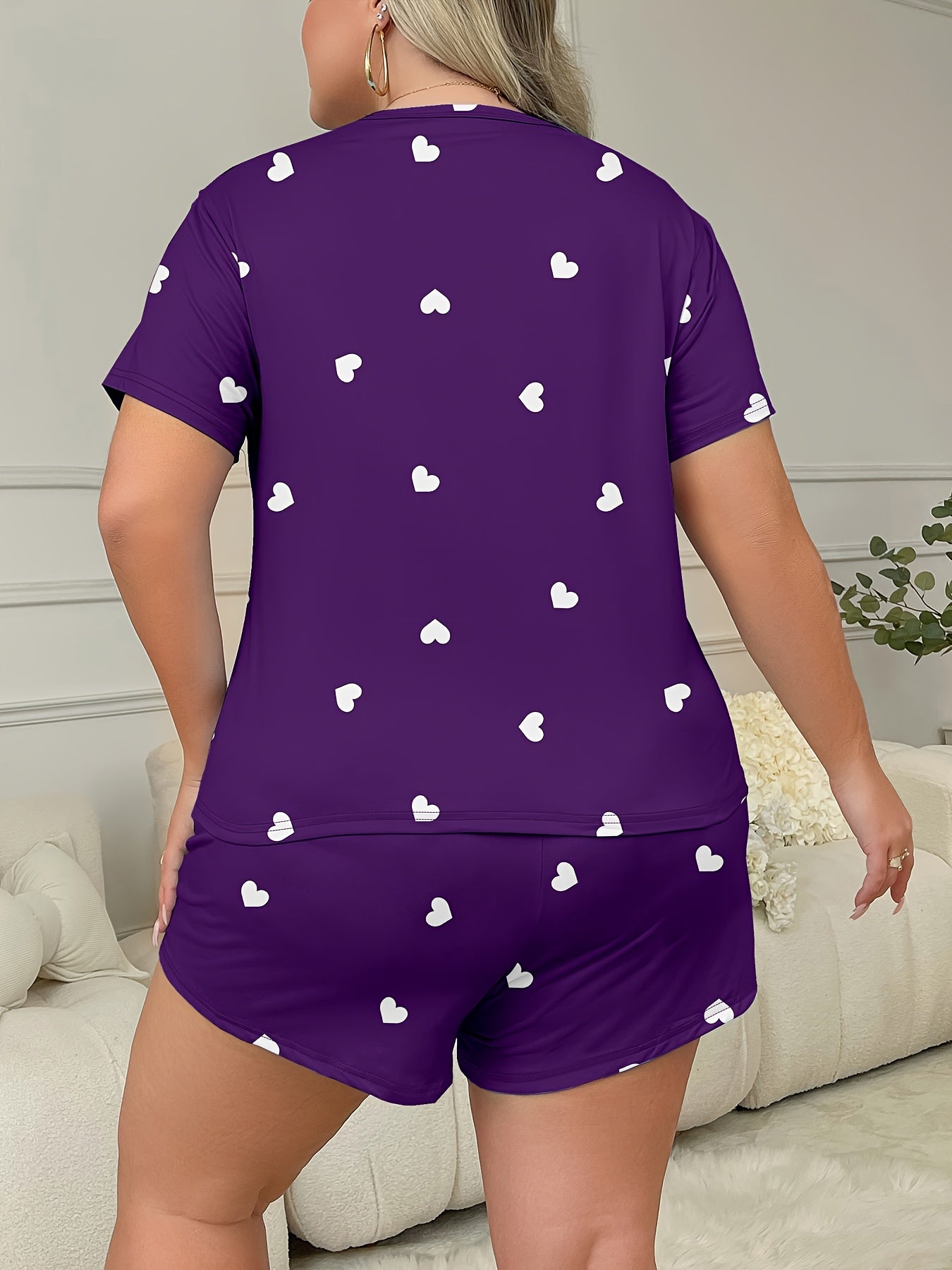 Women's Heart Pattern Pajama Set Polyester Knit Short Sleeve Top Shorts All Season