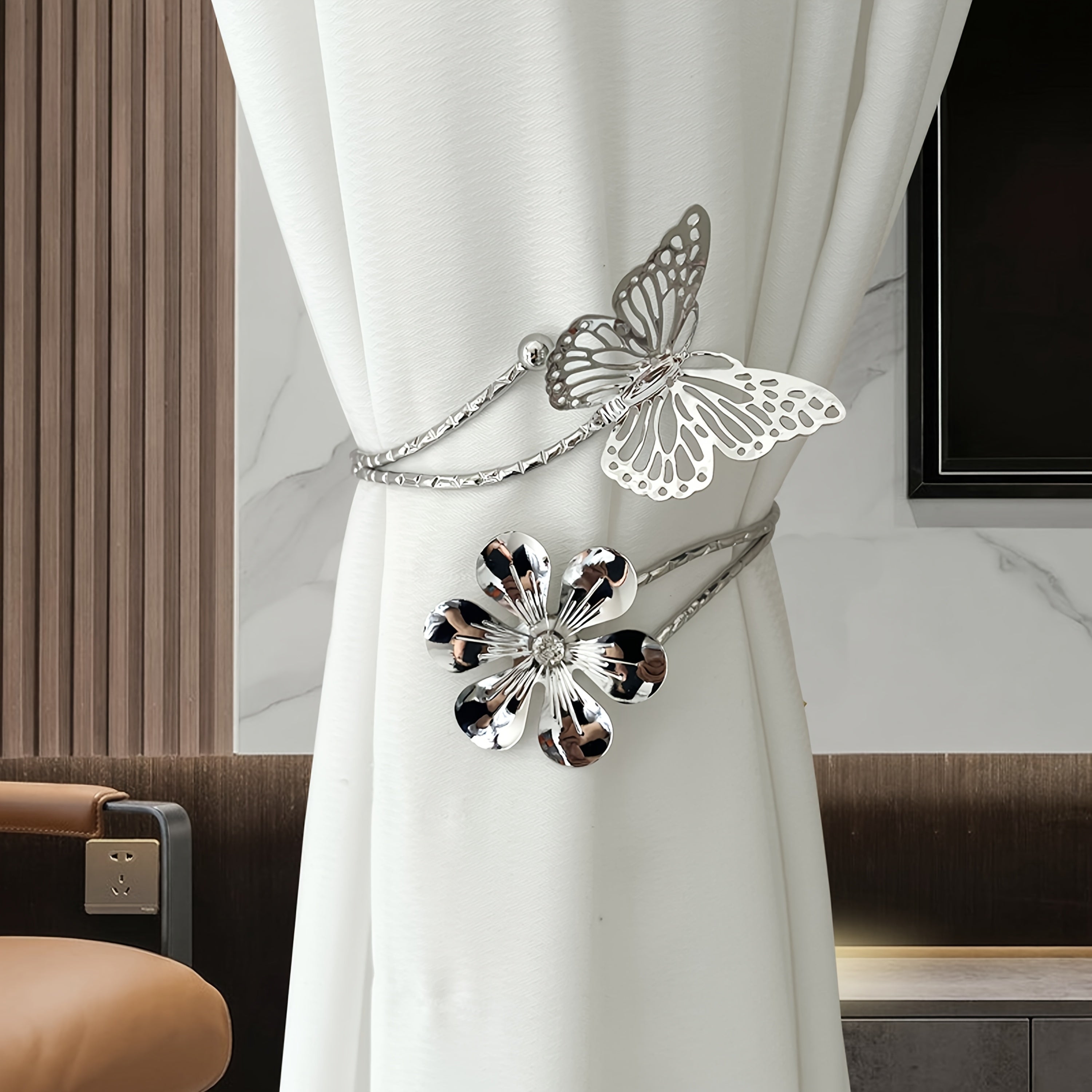 Set of 2 Gold and Silver Flower Butterfly Curtain Tiebacks Hollowed-Out Buckles