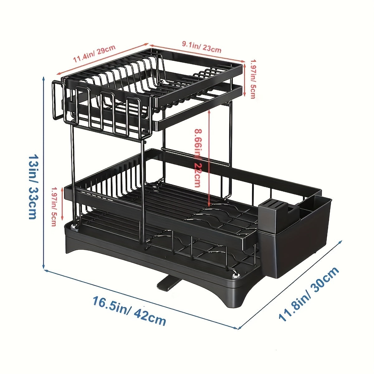 Black Double Layer Detachable Kitchen Draining Rack With Water Guide Pipe and Utensil Holders