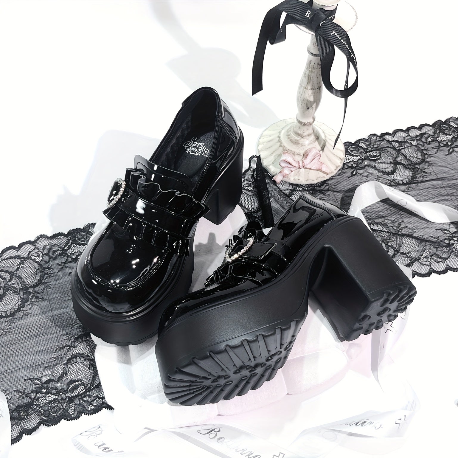 Women's Black Platform Loafers with Heart Buckle Chunky Heel