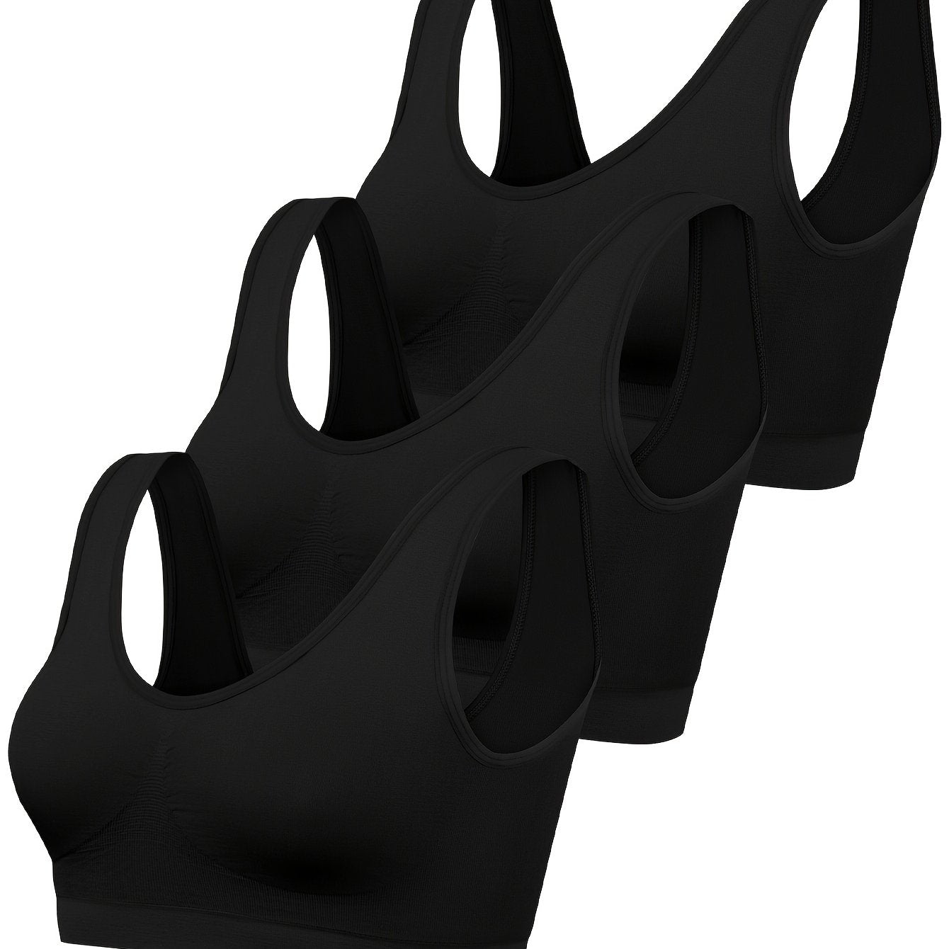 Women's Seamless Sports Bras 3-Pack Black White Beige Ribbed Nylon Tank Top Style No Padding