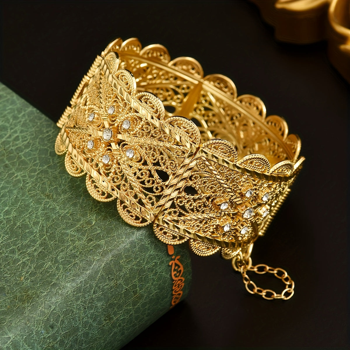 Gold Plated Zinc Alloy Bangle with Synthetic Stones Floral Open Cuff Jewelry for Weddings and Events
