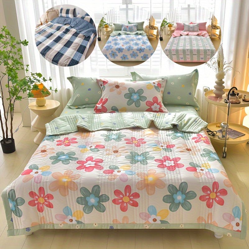 Floral Printed Quilt Set for All Seasons with Pillowcases for Single Double Bed Sofa Guest Room Home