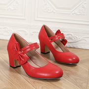 Women's Red Glossy PU Mary Jane Heels with Bow, Chunky Block, All-Season