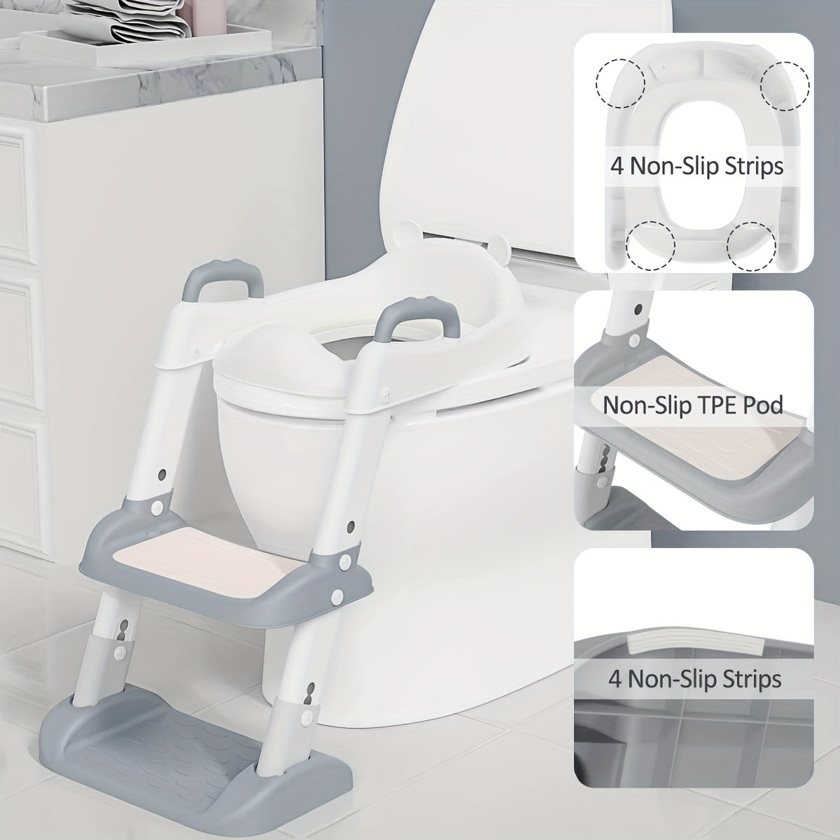 Poyabzal o'rnida o'rnatiladigan hojatxona o'rindig'i, qulay va xavfsiz dizayn, sirpanishga qarshi yostiqlar, suv to'sig'i.