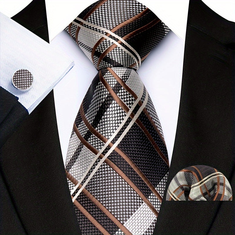 Men's Business Tie, Handkerchief, Cufflinks Set in Plaid and Stripe Designs