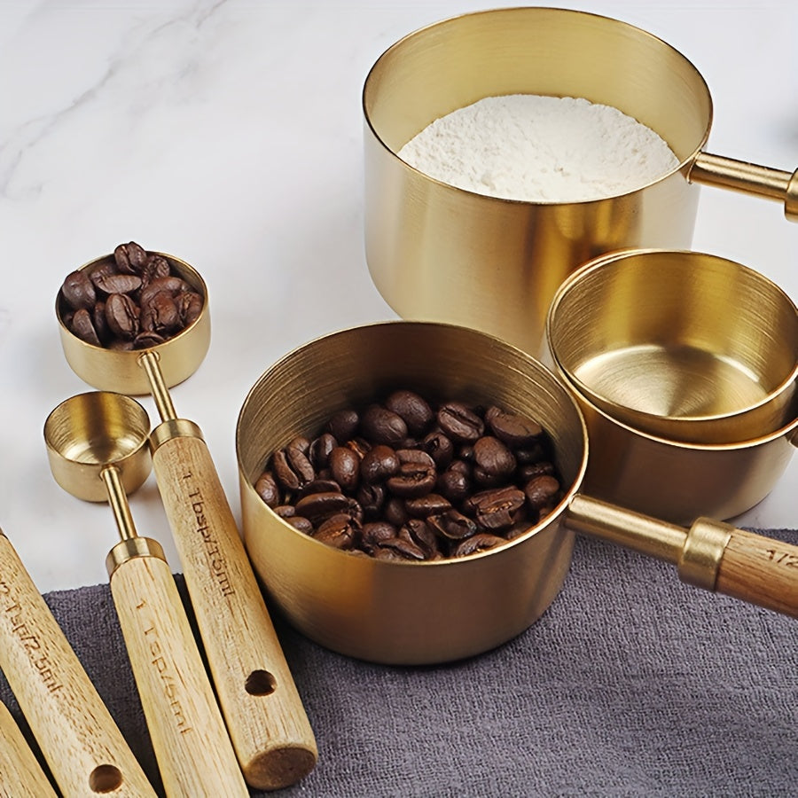 Set of 4 Stainless Steel Measuring Cups and Spoons with Wooden Handles