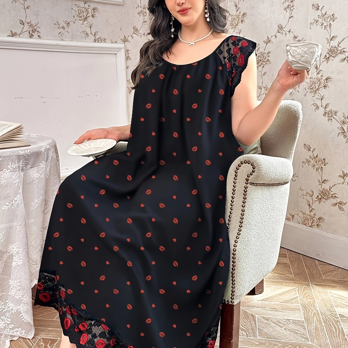 Women's Heart Print Lace Trim Nightgown Polyester Blend All Seasons