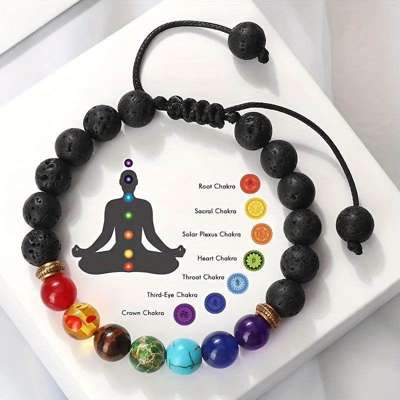 Adjustable Lava Rock Bead Bracelet with 7 Chakras Healing Properties for Meditation and Balance