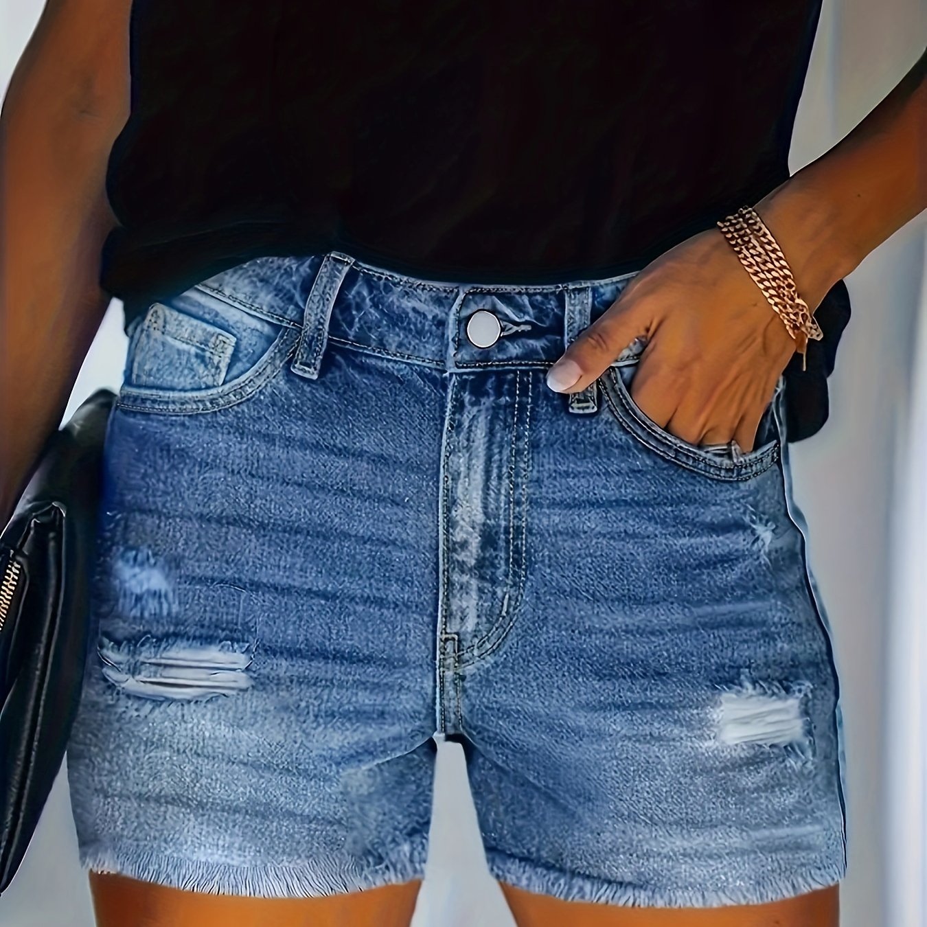 Plus Size Woman Denim Shorts Ripped Distressed Zipper Mid-Length Spring Summer