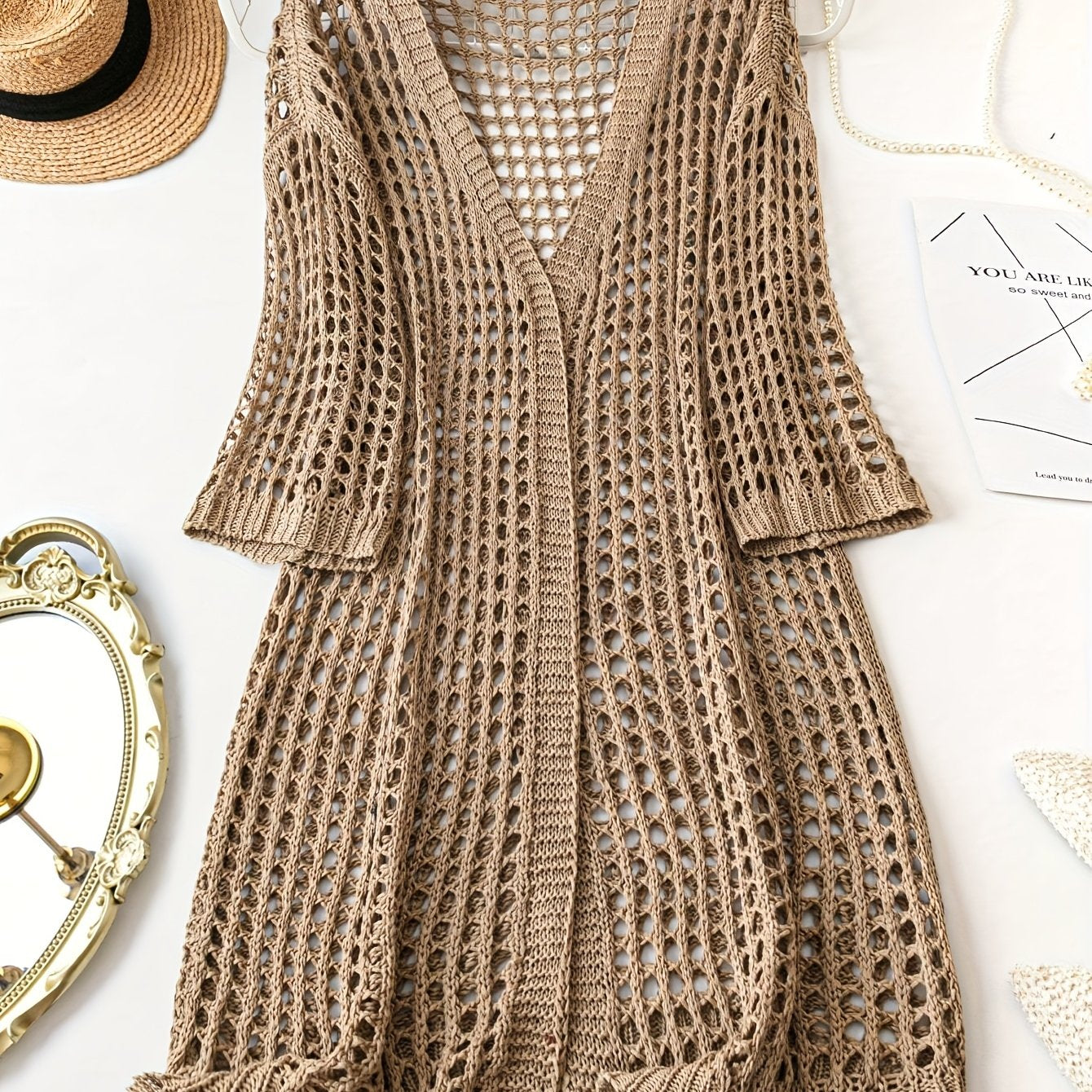 Women Plus Size V-Neck Cardigan Acrylic Hollow Knit Solid Spring Summer