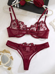 Women's Red Floral Embroidered Lingerie Set with Sheer Mesh Bra and Low-Rise Panties