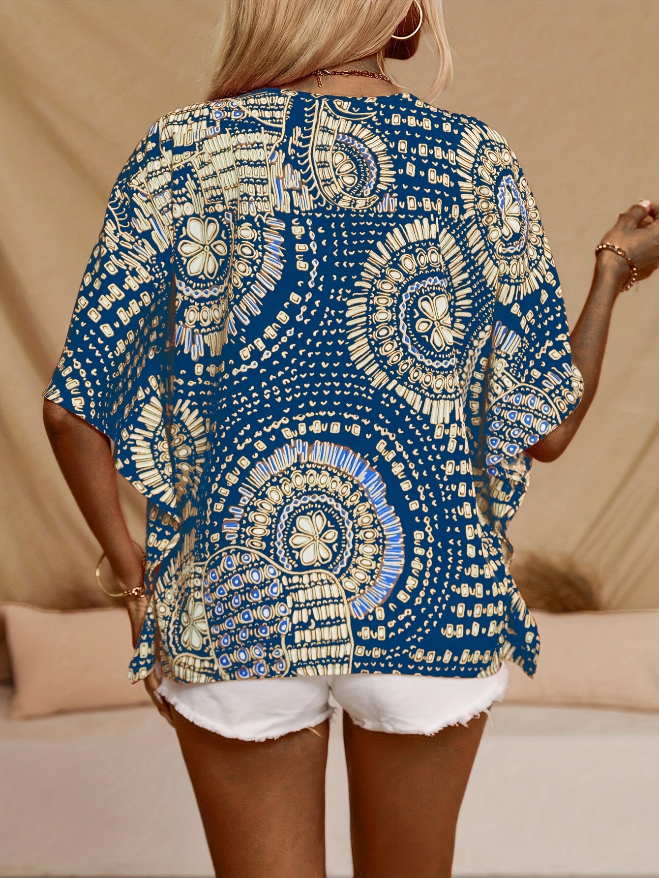 Women's Plus Size Boho V-Neck Blouse with Batwing Sleeves Lightweight Polyester