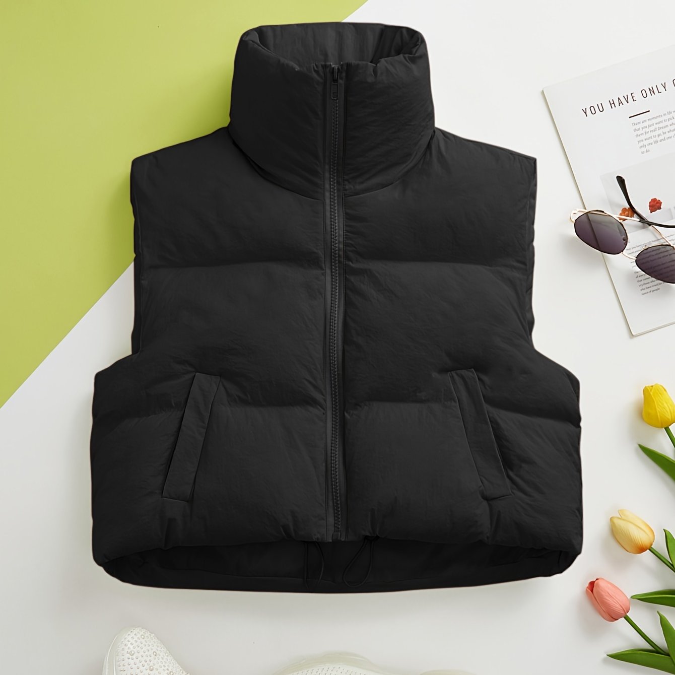 Women's Puffer Vest Fall Winter Sleeveless Zip-Up Casual Solid Polyester High Neck Padded Coat