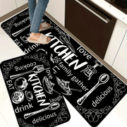 Qora oshxona mato, pichoq va qoshiq naqshli, sirpanishga qarshi, yuviladigan polyester gilam, pol uchun kirish