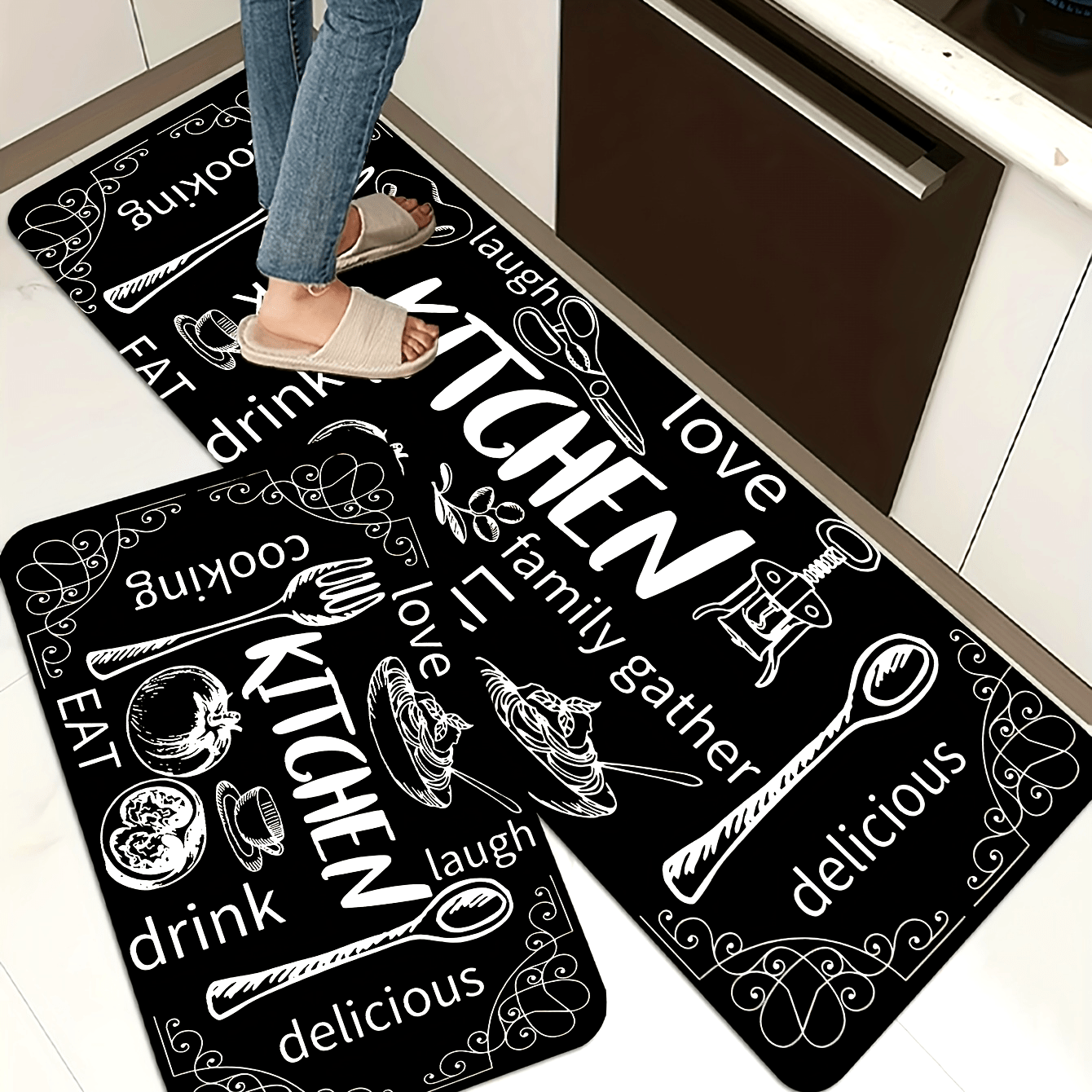 Qora oshxona mato, pichoq va qoshiq naqshli, sirpanishga qarshi, yuviladigan polyester gilam, pol uchun kirish