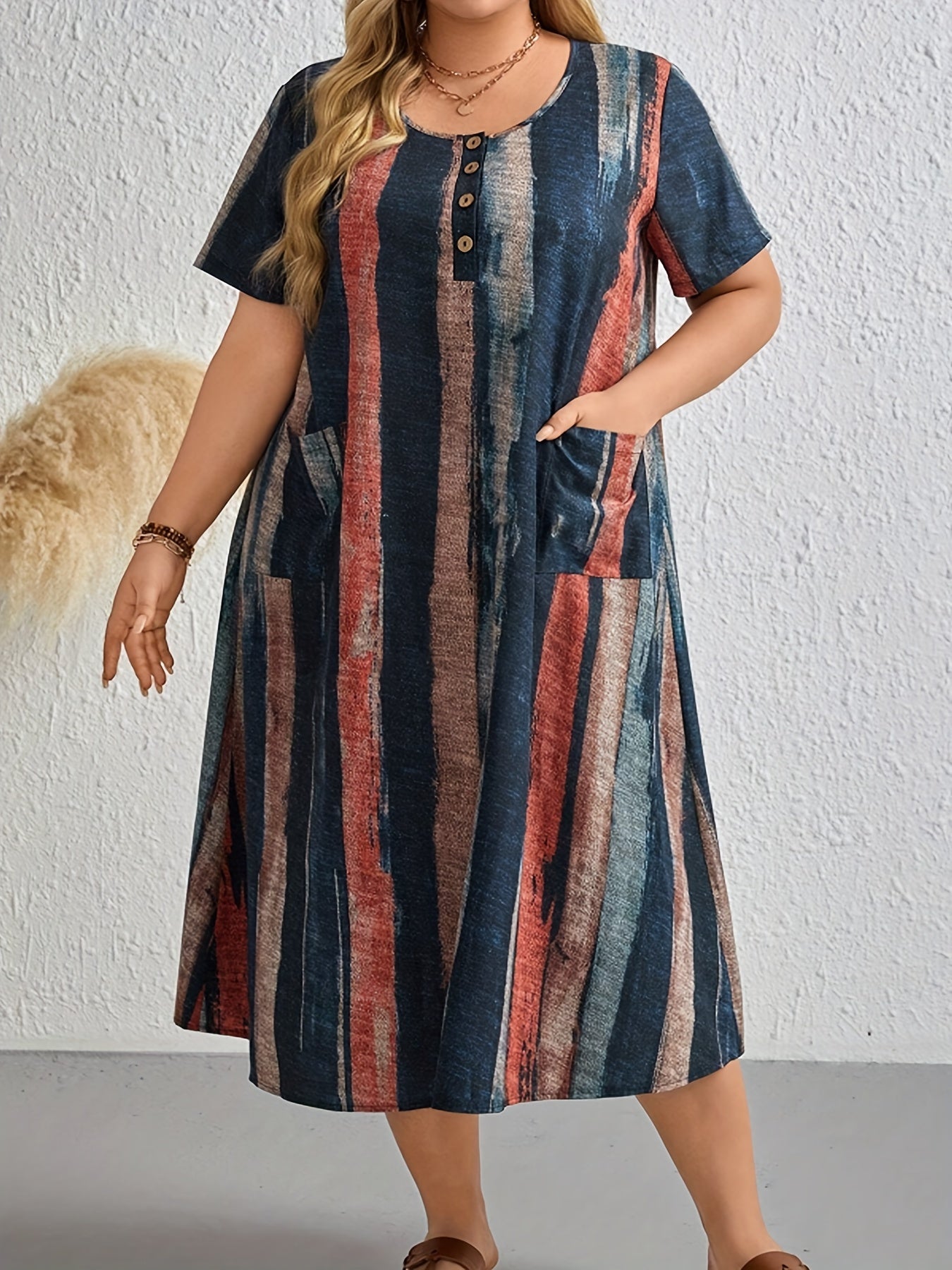 Women's Plus Size Striped Midi Dress with Button Detail Short Sleeve Asymmetrical Hem