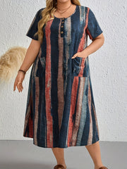 Vestido midi de talla grande para mujer con rayas, detalle de botones, manga corta y dobladillo asimétrico
