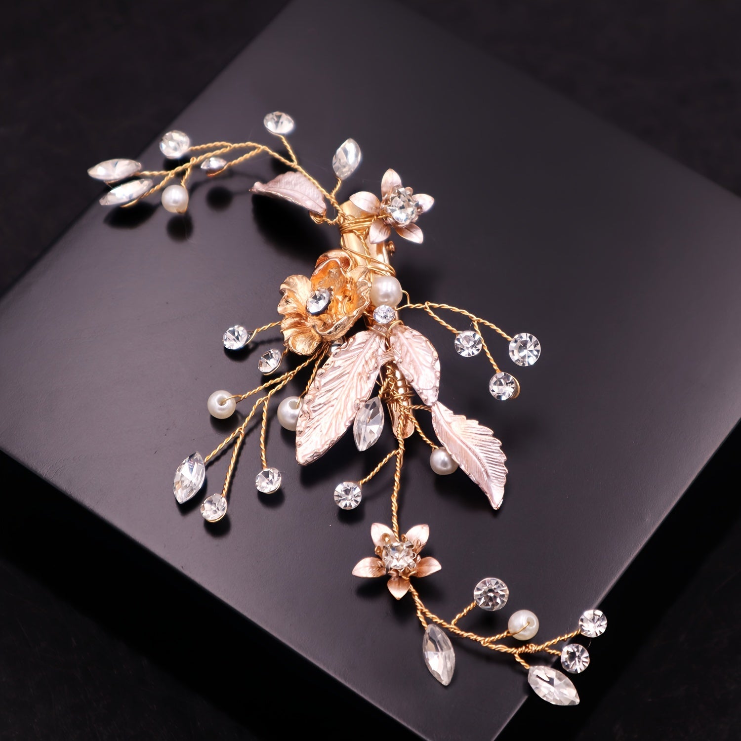 Floral Leaf Hair Clip with Faux Pearls and Rhinestones for Bridal and Party