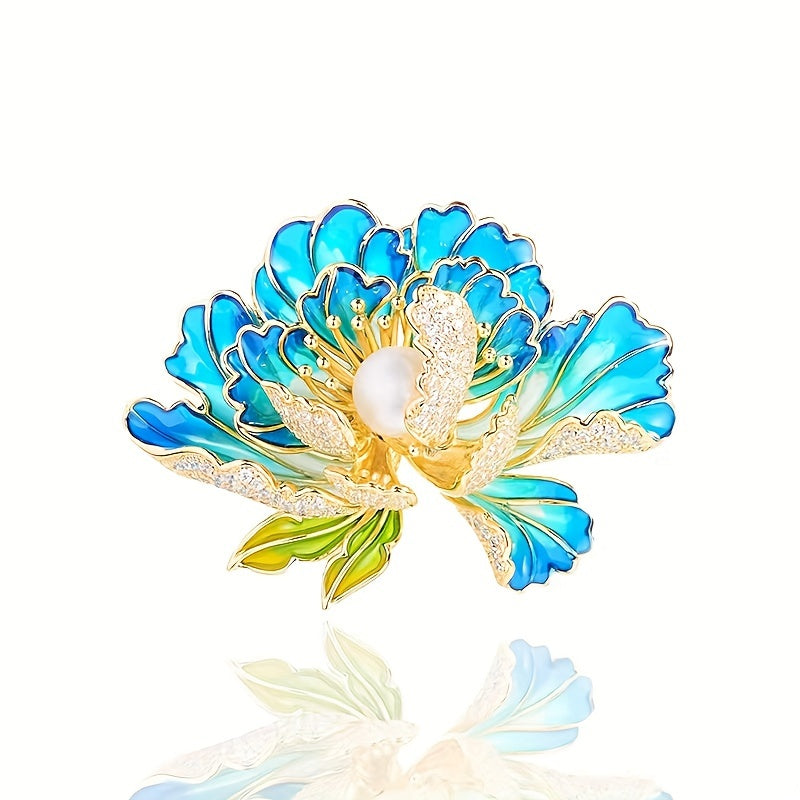 Vintage Enamel Lotus Flower Brooch Faux Pearl Cloisonné Elegant Jewelry