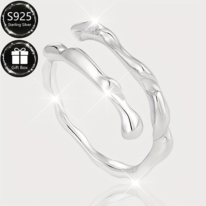 Sterling Silver Adjustable Open Ring Double Layer Irregular Design for Women