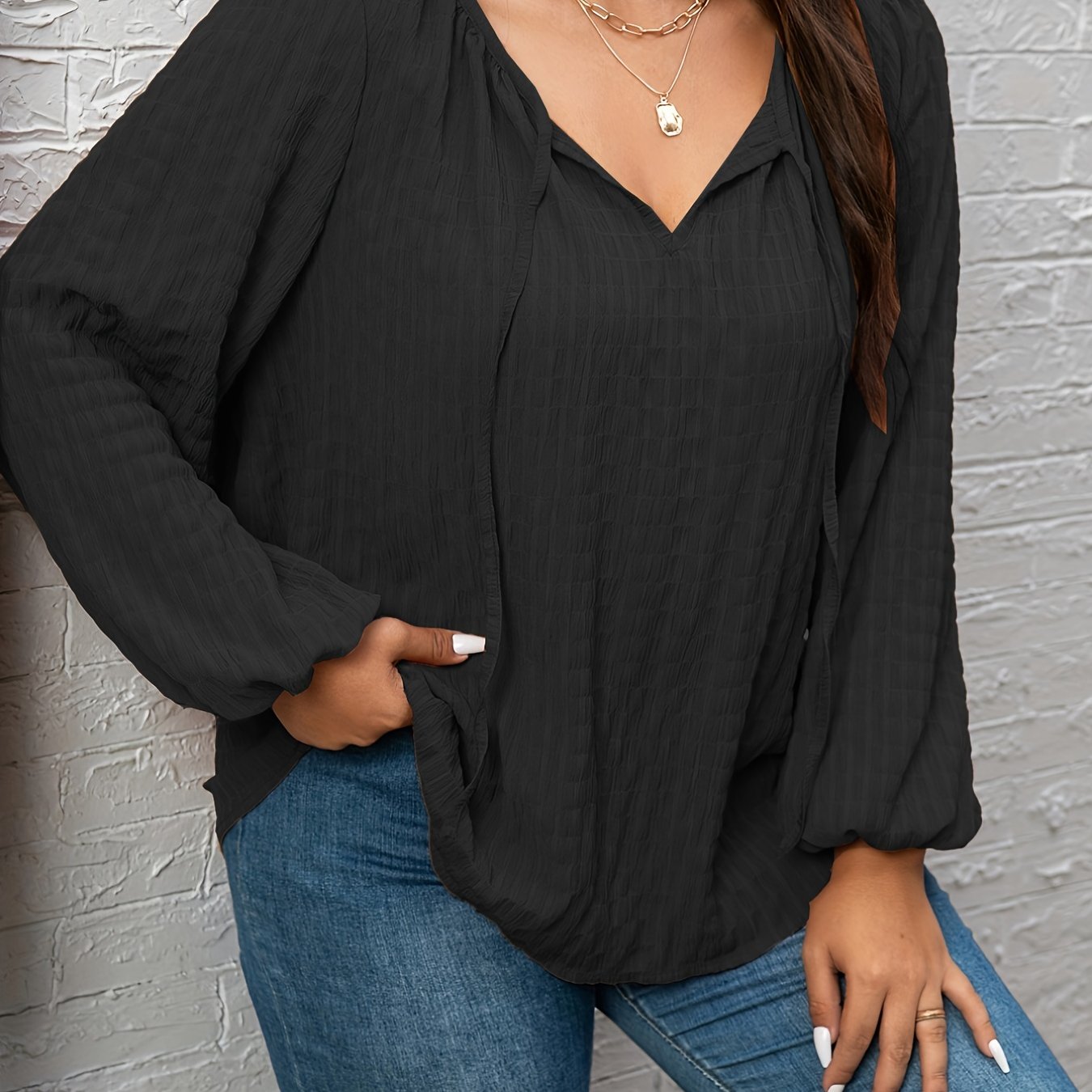 Women's Plus Size Blouse with Lantern Sleeves and Tie Front V Neck for Going Out