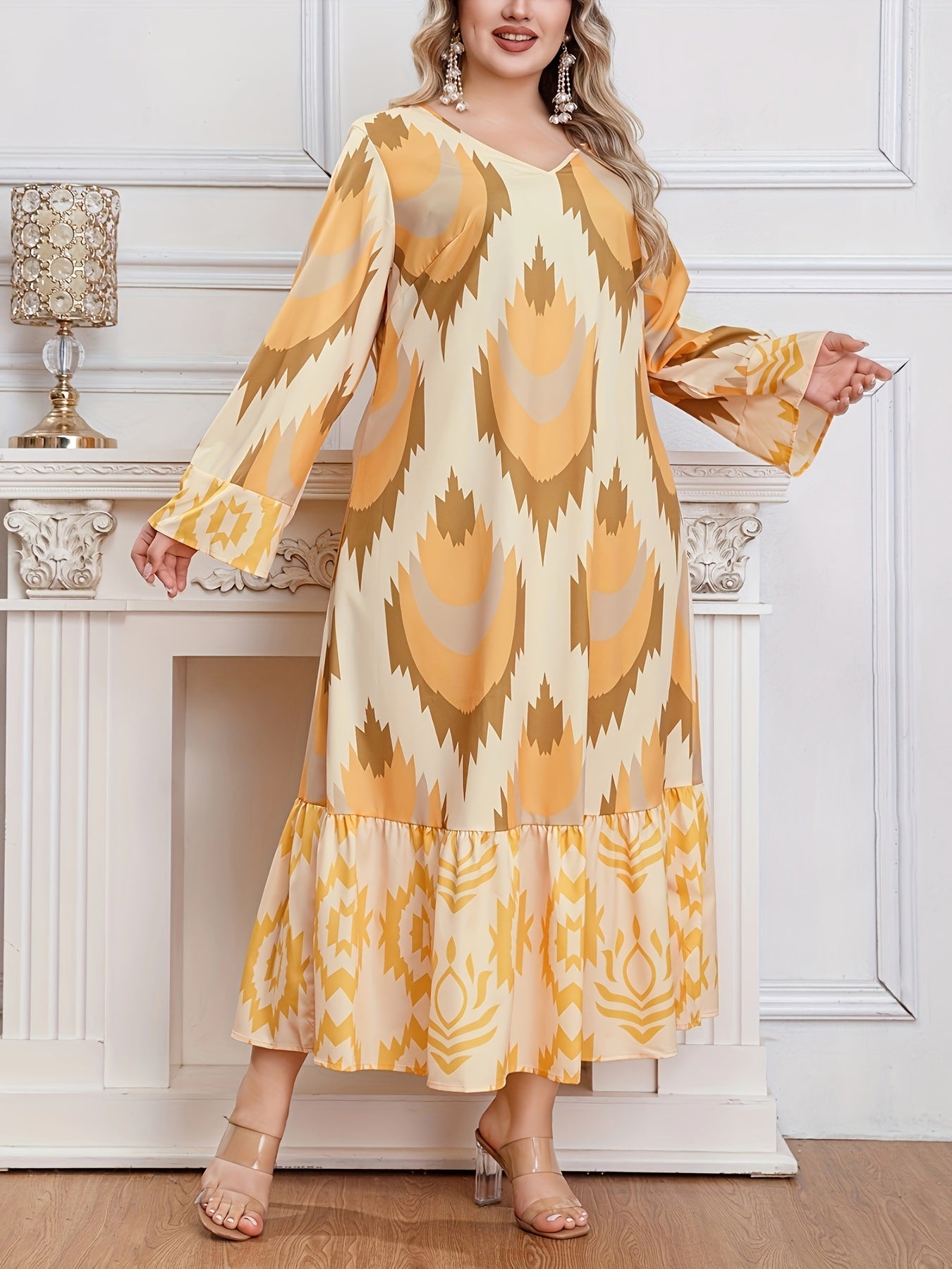 Women's Plus Size Geometric Pattern Kaftan Dress V Neck Long Sleeve
