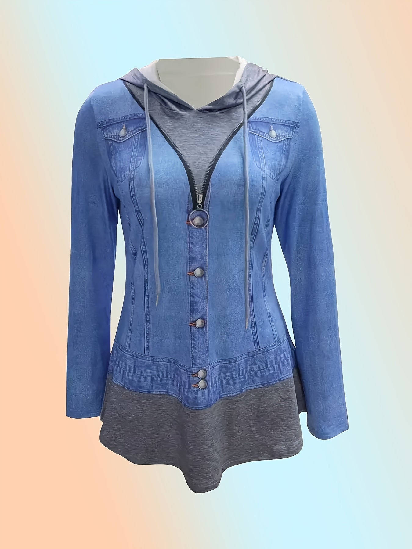 Ayollar uchun kattalashtirilgan sun'iy denim printli xuddi va shimlar to'plami, chiroyli bo'yinli pullover, tortish chiziqli, uzun qo'lqonli to'qilgan mato, 90% polyester 10% spandeks, har tomonlama printli kundalik kiyim to'plami.