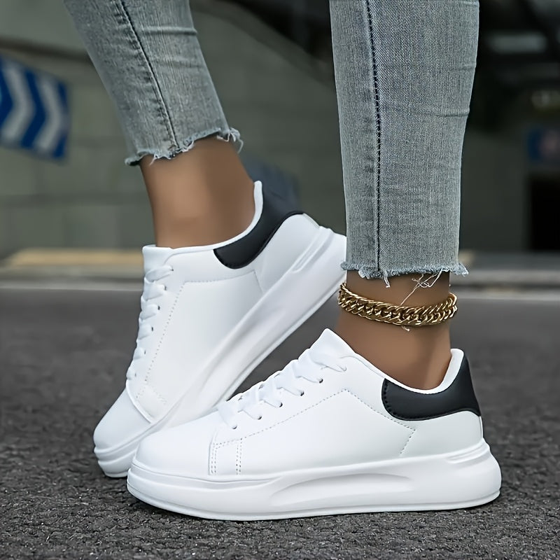Women’s White Casual Sneakers with Black Accents, Lightweight EVA Sole