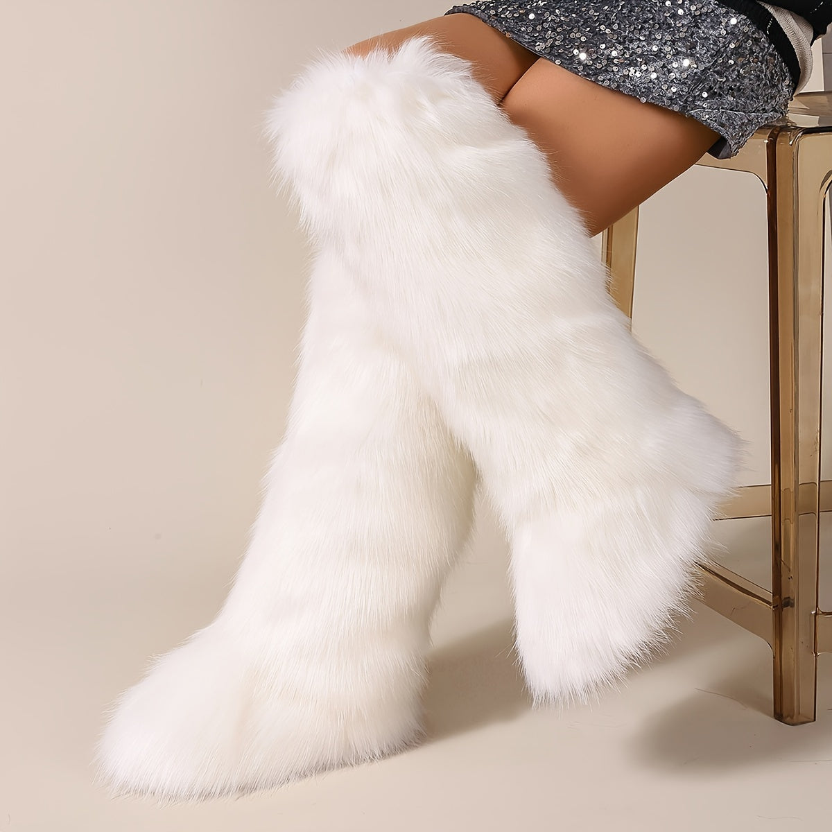 Women's Faux Fur Knee-High Boots with Round Toe Pull-On Flat Heel