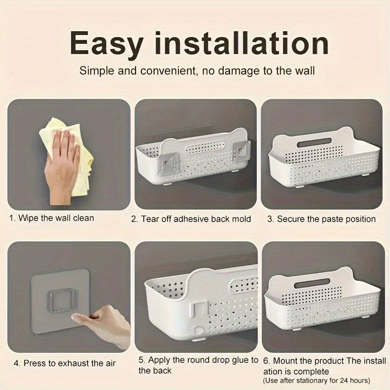 Wall-Mounted Plastic Storage Basket Adhesive Kitchen Bathroom Organizer
