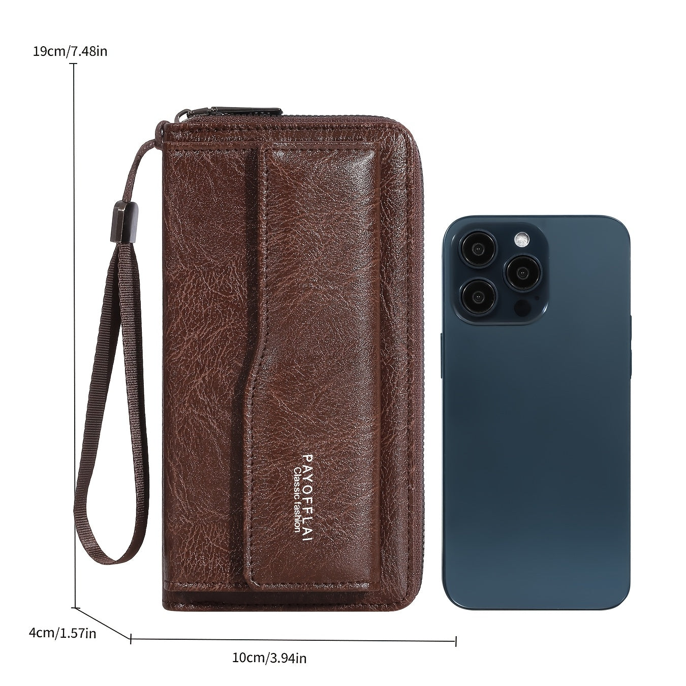 Erkaklar uchun retro sun'iy charm hamyon, bilak tasmasi, uzun zip va bir nechta karta joylari bilan.