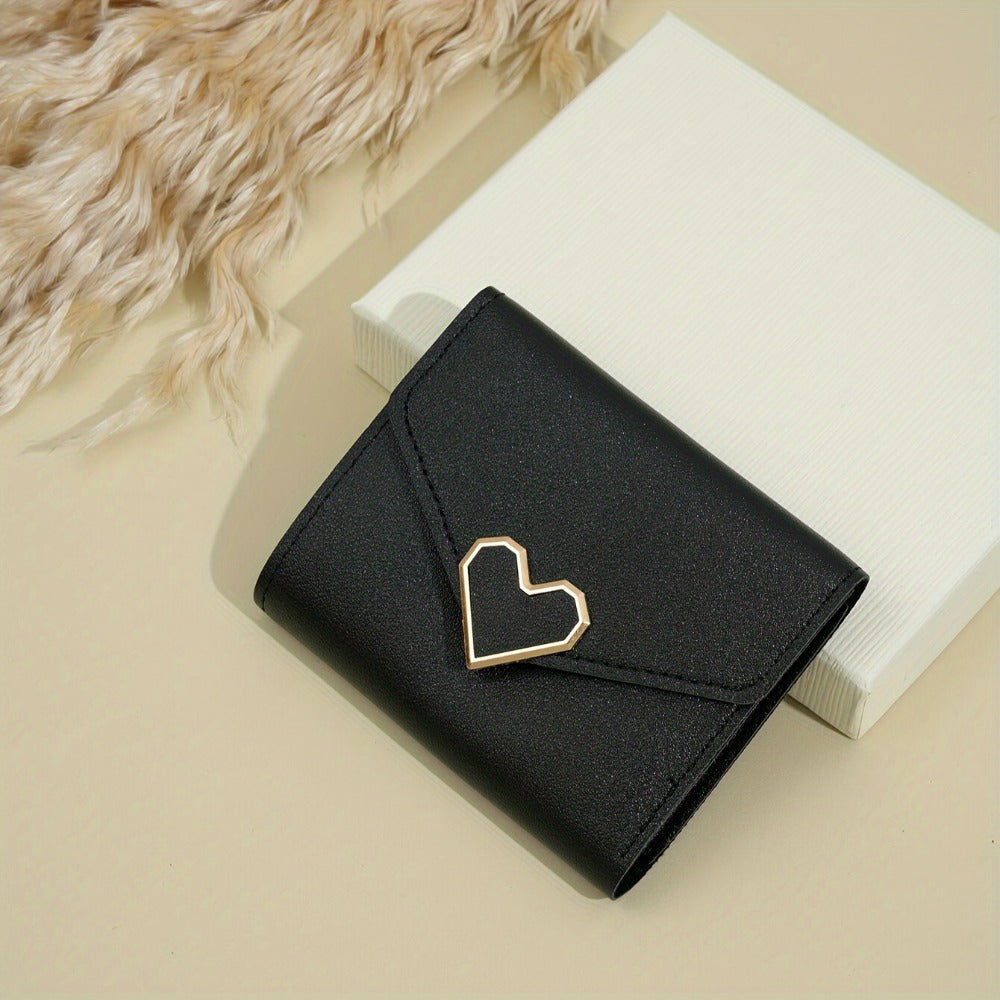Korean-Style Heart-Shaped Mini Wallet with Card Slots Coin Pouch Hand-Washable Black Pink