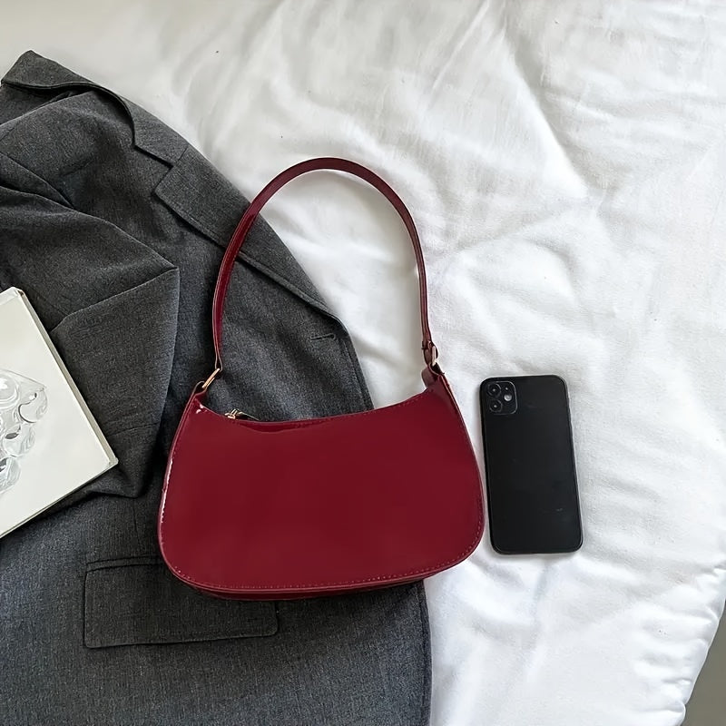 Red Glossy Women's Shoulder Bag with Zipper Closure for Everyday Essentials