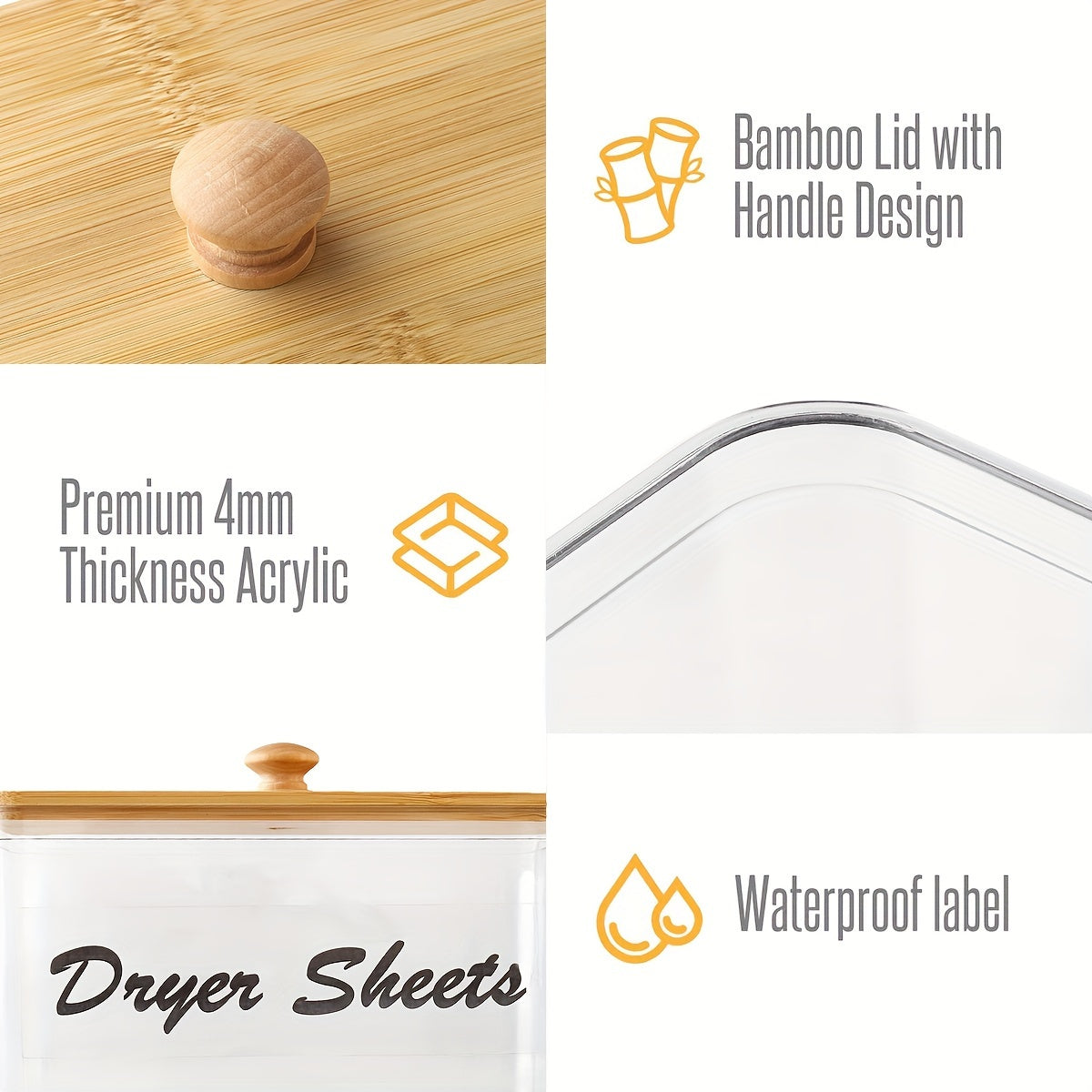 Porta hojas para secadora con tapa de bambú y dispensador para organización de lavandería