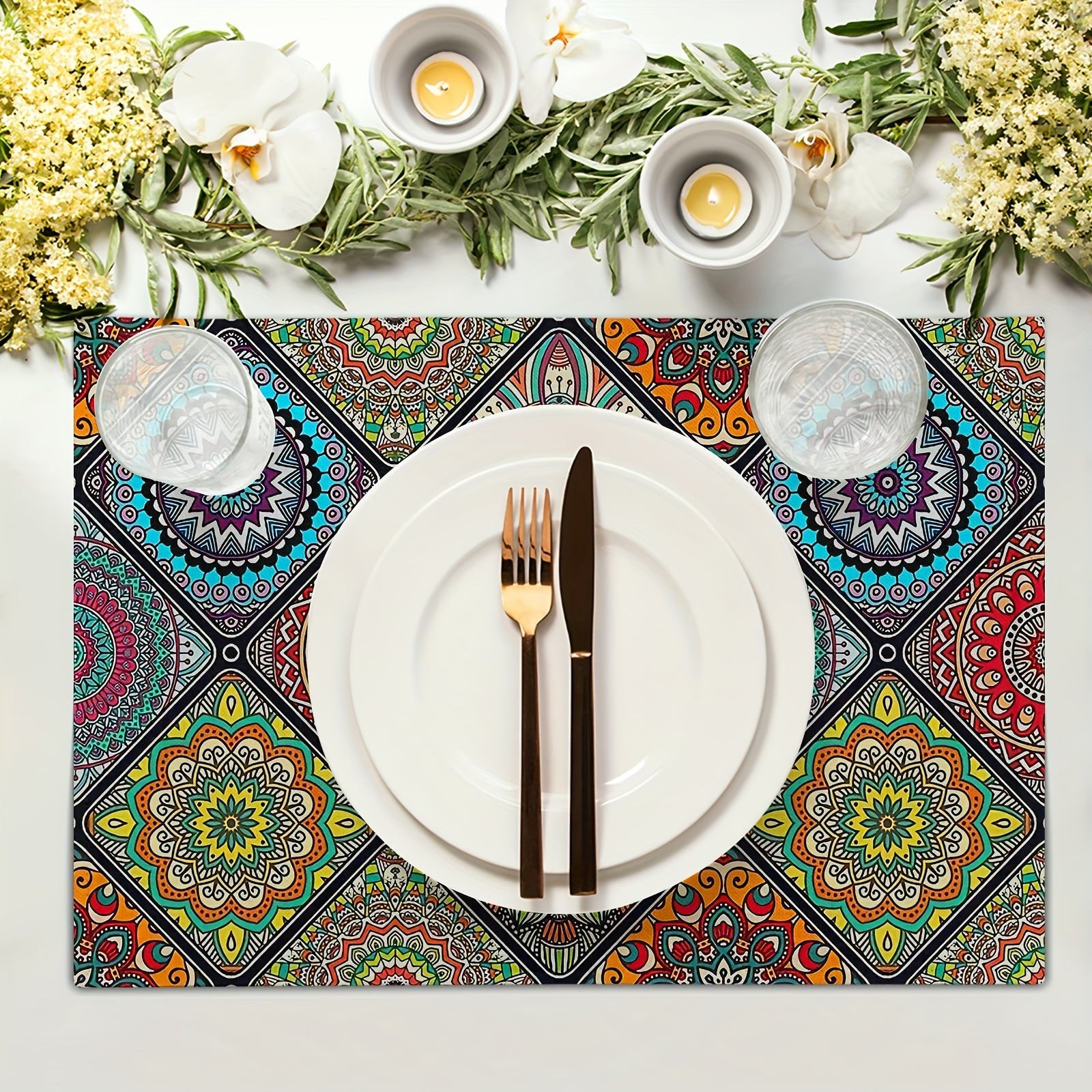 Set of 4 Boho Mandala Placemats with Mexican Ethnic Patterns and Geometric Designs