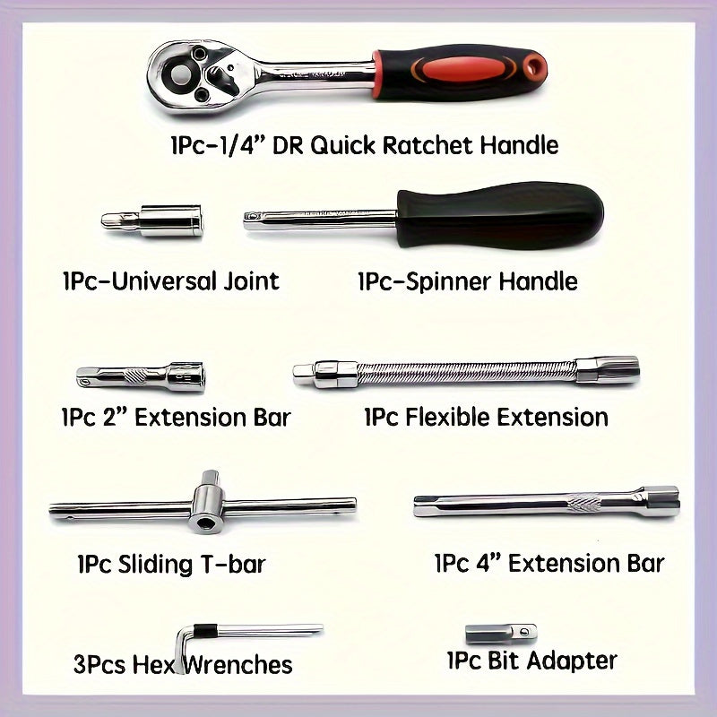 Juego de llave de carraca de 46 piezas con caja de 1/4 de pulgada con varilla métrica y extendida para uso en coche y en el hogar