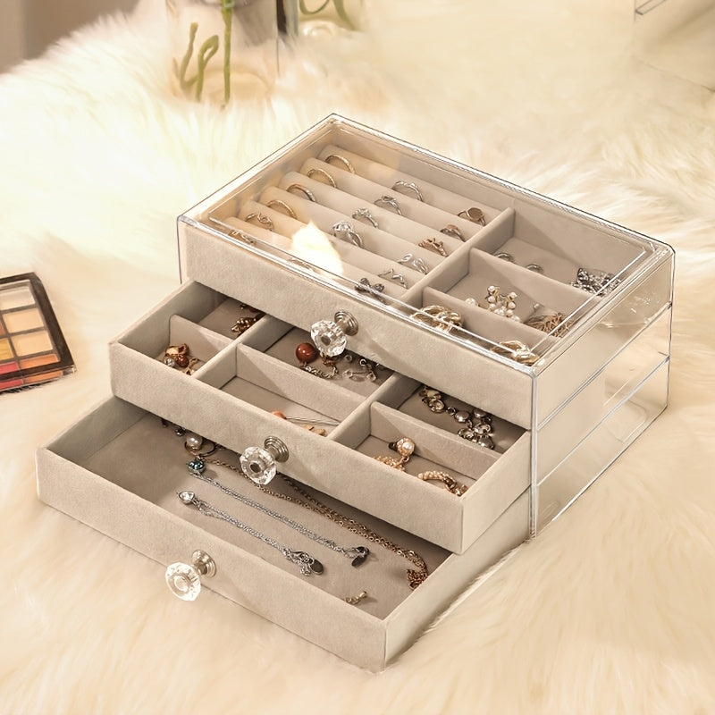 Transparent Jewelry Organizer Box with Large Capacity Dustproof Drawers for Earrings and Necklaces
