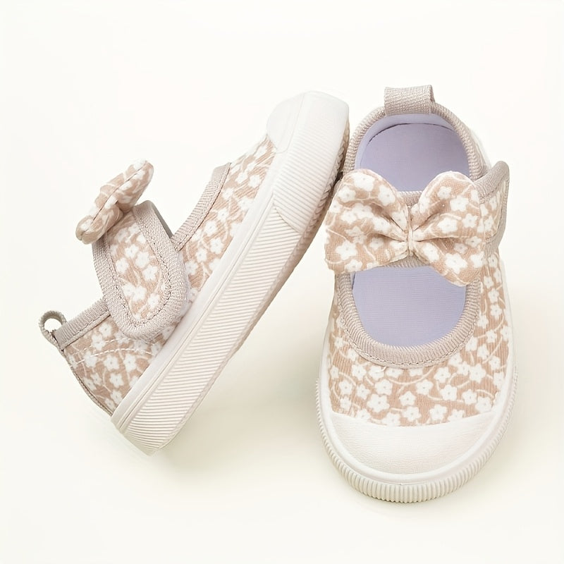 Girls Floral Print Canvas Sneakers with Bow Detail Non-Slip TPR Sole for Casual Outdoor Wear