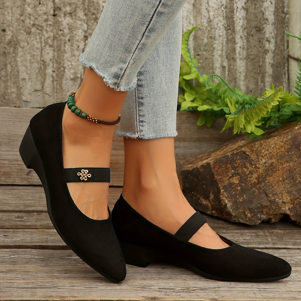 Women's Black Wedge Heels with Floral Buckle Platform Shoes