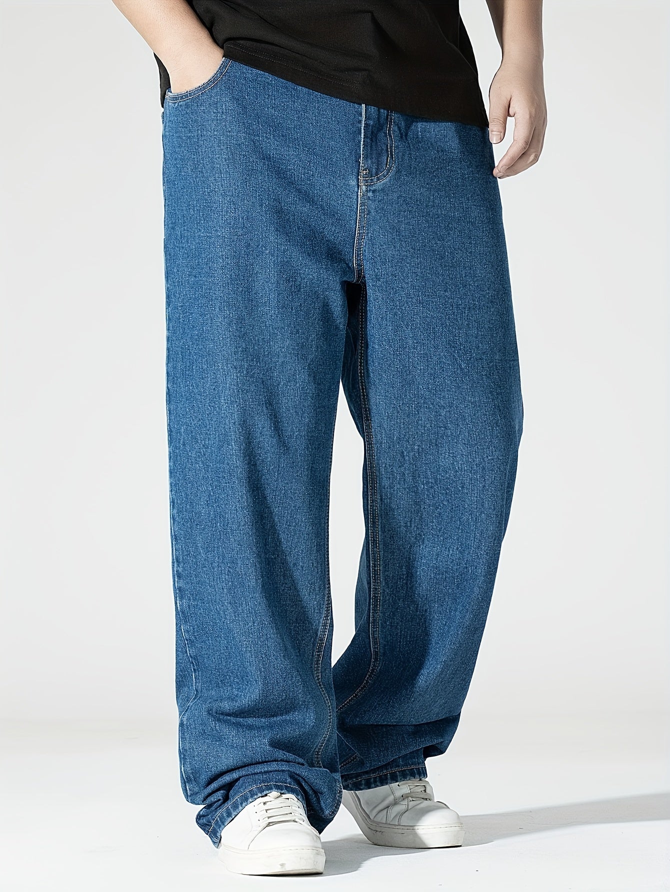 Men's Plus Size Elastic Waist Denim Jeans with Pockets Casual Woven Cotton Trousers