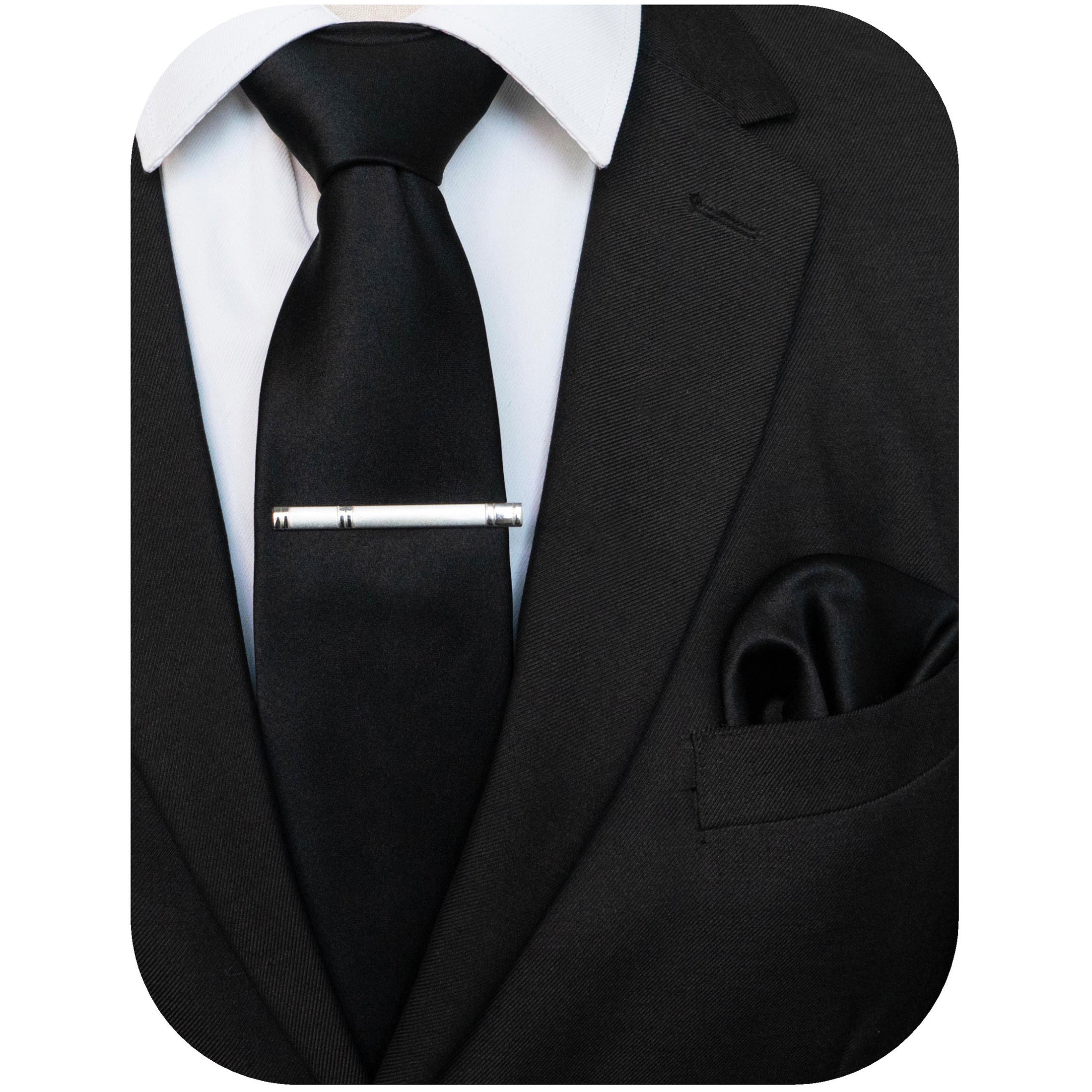 Men's Solid Color Tie and Pocket Square Set with Tie Clip for Business and Wedding