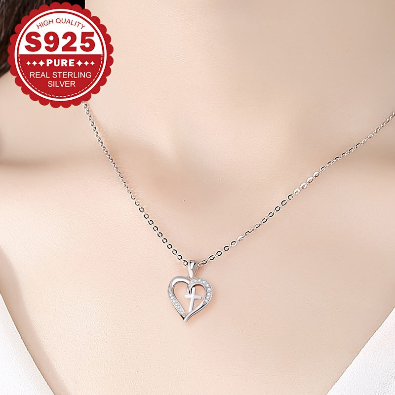 Sterling Silver Heart Cross Pendant Necklace with Synthetic Zirconia for Women