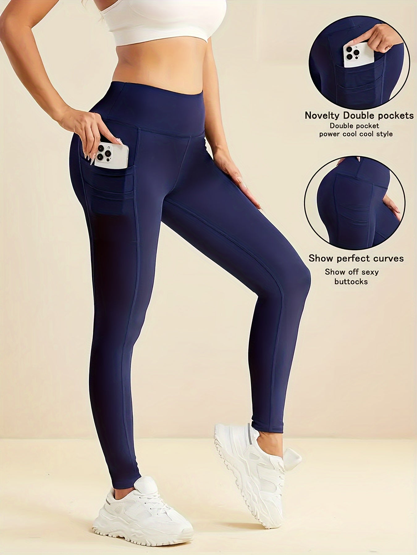 Women's High-Waisted Yoga Pants with Pocket Solid Color Stretchable Knit Medium Support
