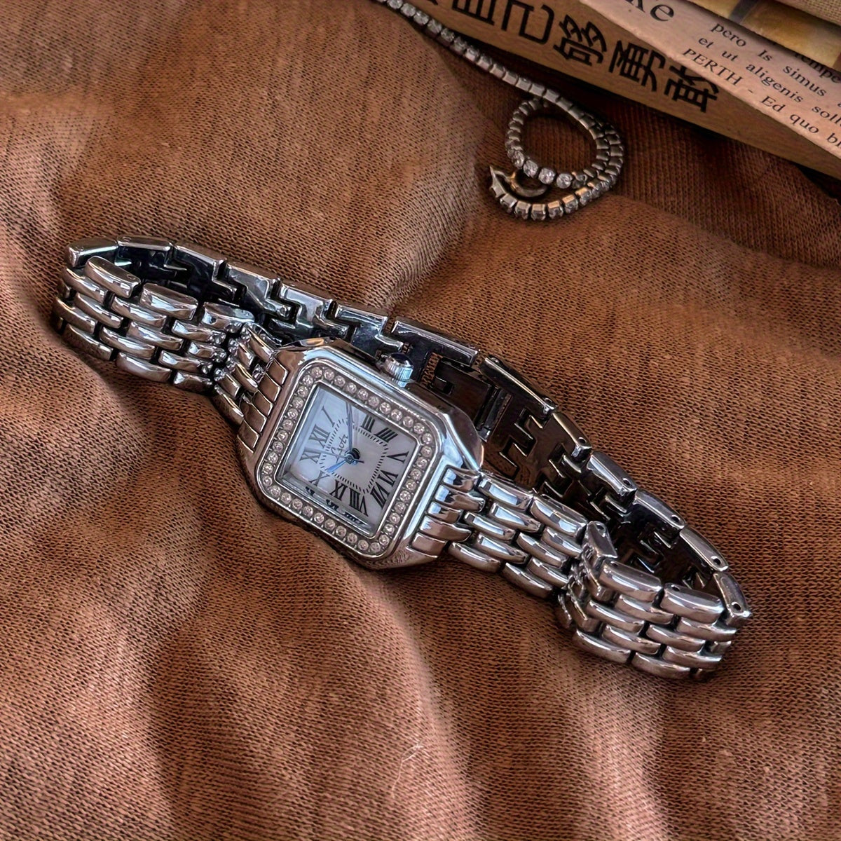 Gold-Tone Square Watch Water-Resistant with Roman Numerals and Water Drops for Women