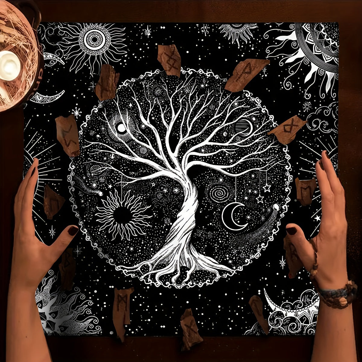 Tarot Tablecloth with Life Tree and Moon Phase Designs for Readings and Decor