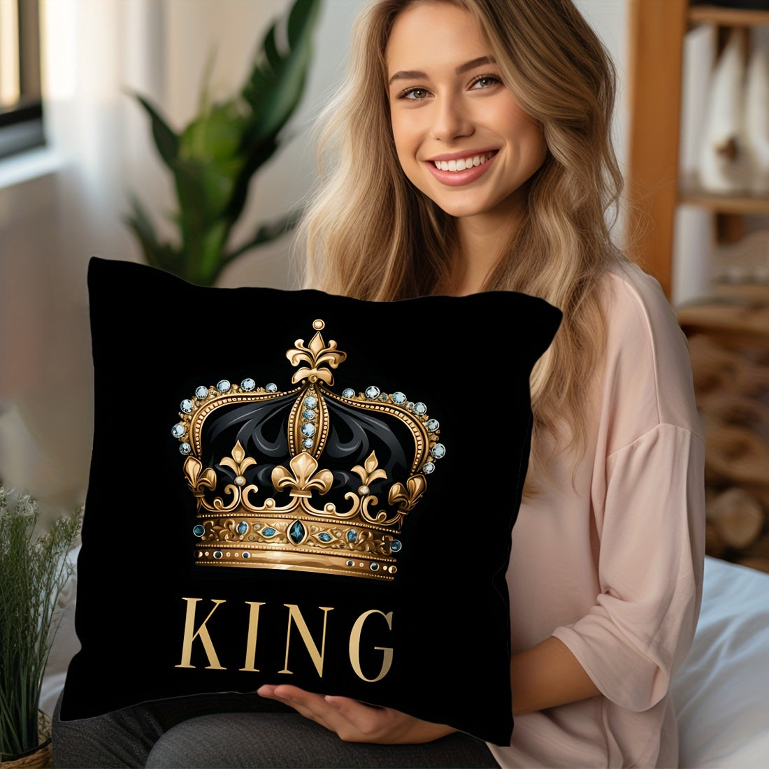 Set of 1 or 2 Peach Skin Pillowcases 45x45cm with Black Background Golden Crown Design for Sofa Bed Bedroom Decor
