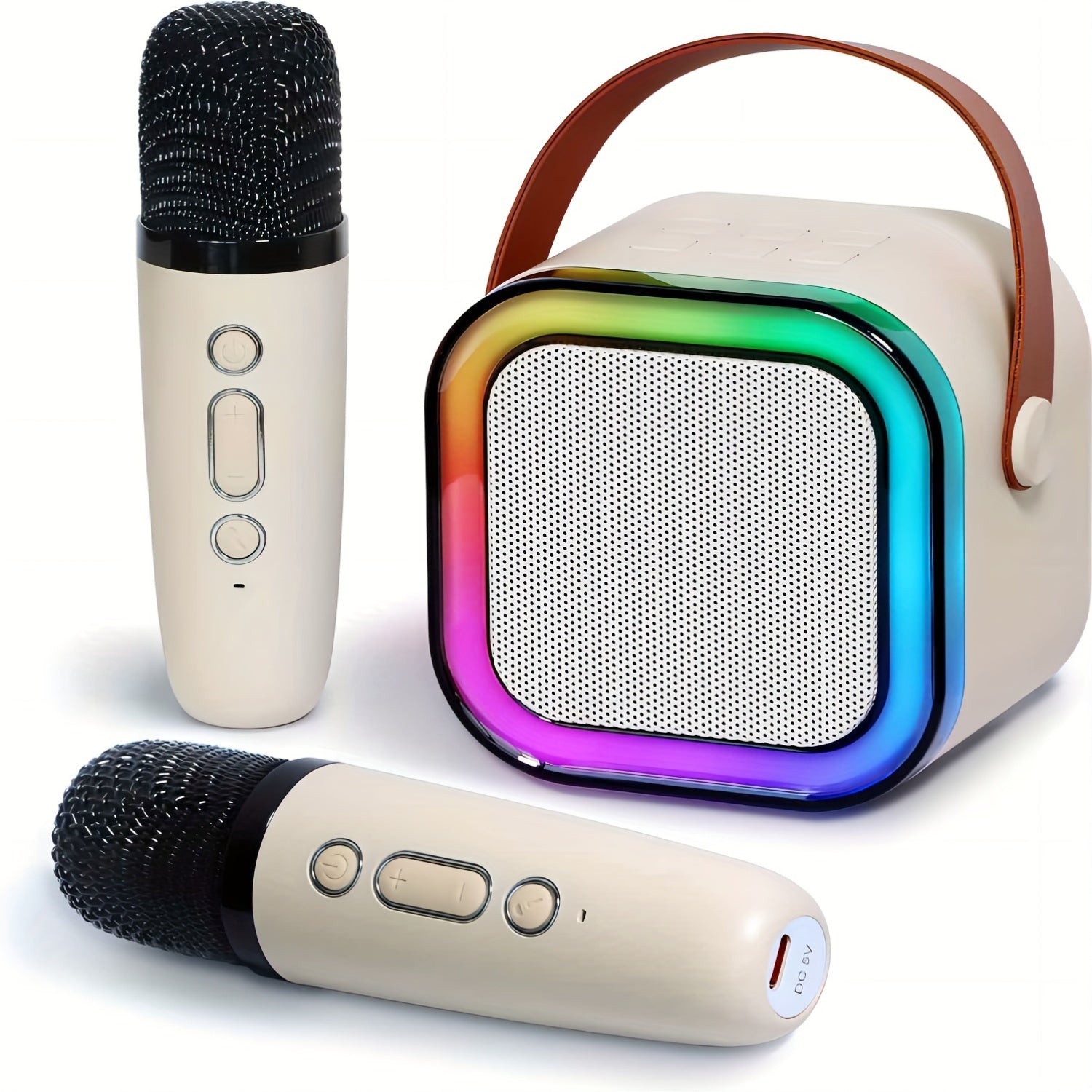 Mini Portable Karaoke Speaker with Wireless Microphones and LED Lights