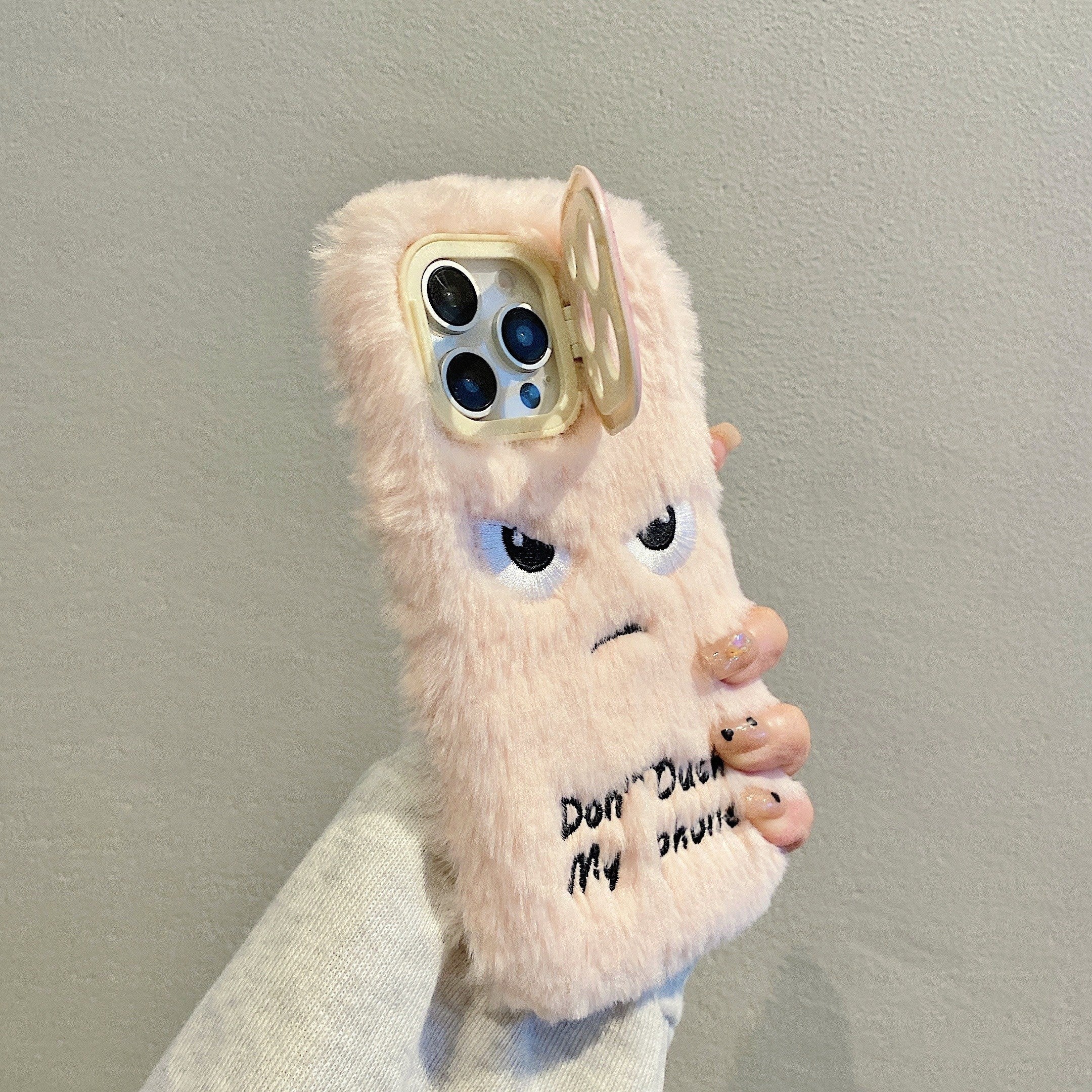 Plush Phone Case for iPhone 13-16 Pro Max with "Don't Touch My Phone" Expression and Lens Protection